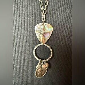 Silver and Abalone Fender Guitar Pick Pendant Necklace 🤍 Cross Heart and Clover